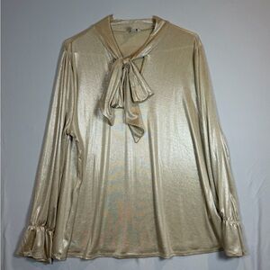 Plus Sportswear 18/20W Gold Shimmer Blouse Tie Neck Metallic Long Sleeve Top
